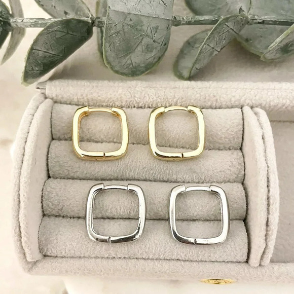 925 Sterling Silver Square Earrings Geometric Huggie Hoop Earrings Small Hoops - Picture 1 of 7